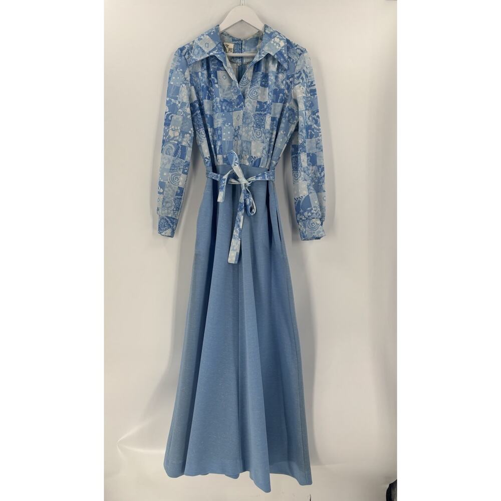 Vintage 1970s Forever Young Dress Womens 18 Blue Maxi Belted Collared Pockets